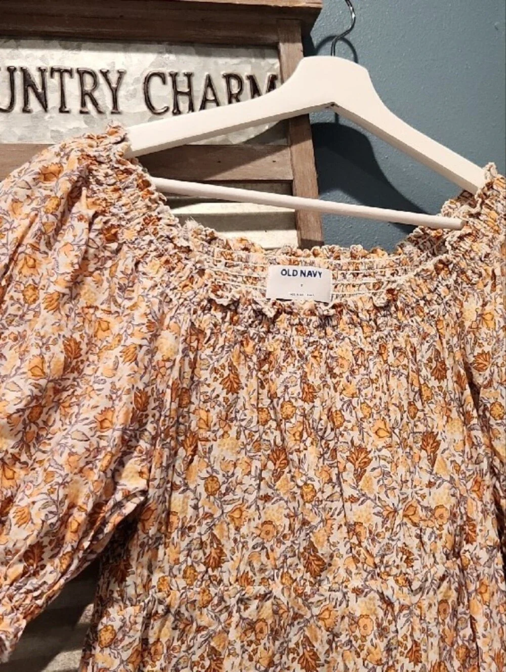 Old Navy Mustard Floral Smocked Off-Shoulder Puff Sleeve Blouse